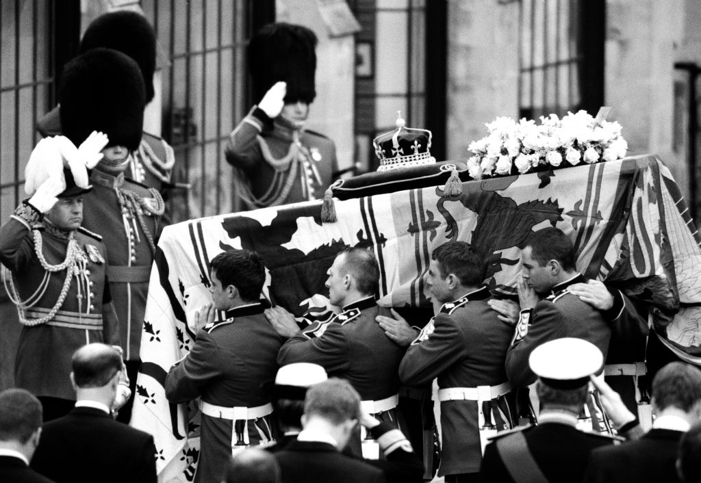 The Queen Mother's coffin during the ceremonial procession at Westminster Abbey