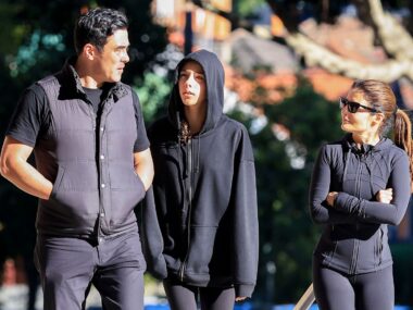 james stewart, ada nicodemou and james' daughter scout in black active wear while on a walk