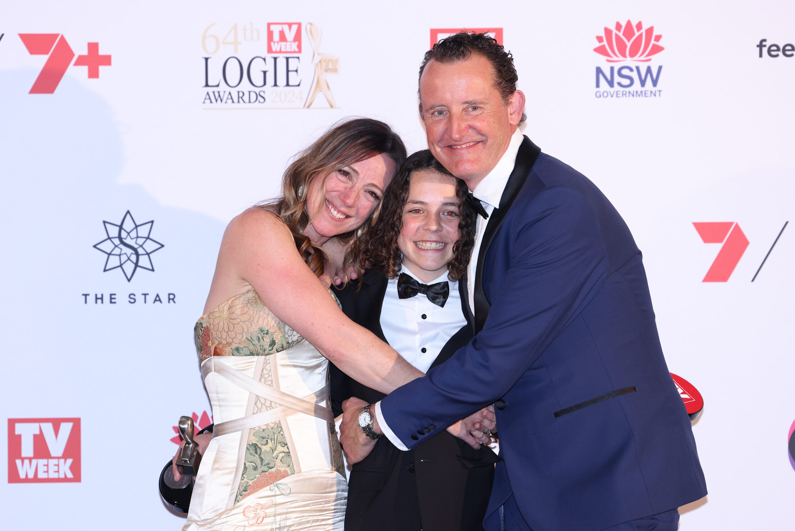 SYDNEY, AUSTRALIA - AUGUST 18: Felix Cameron poses with his parents Sharni Page and Colin Cameron after winning the Logie Award for Best Lead Actor at the 64th TV WEEK Logie Awards at The Star on August 18, 2024 in Sydney, Australia. (Photo by Hanna Lassen/Getty Images for TV WEEK Logie Awards)