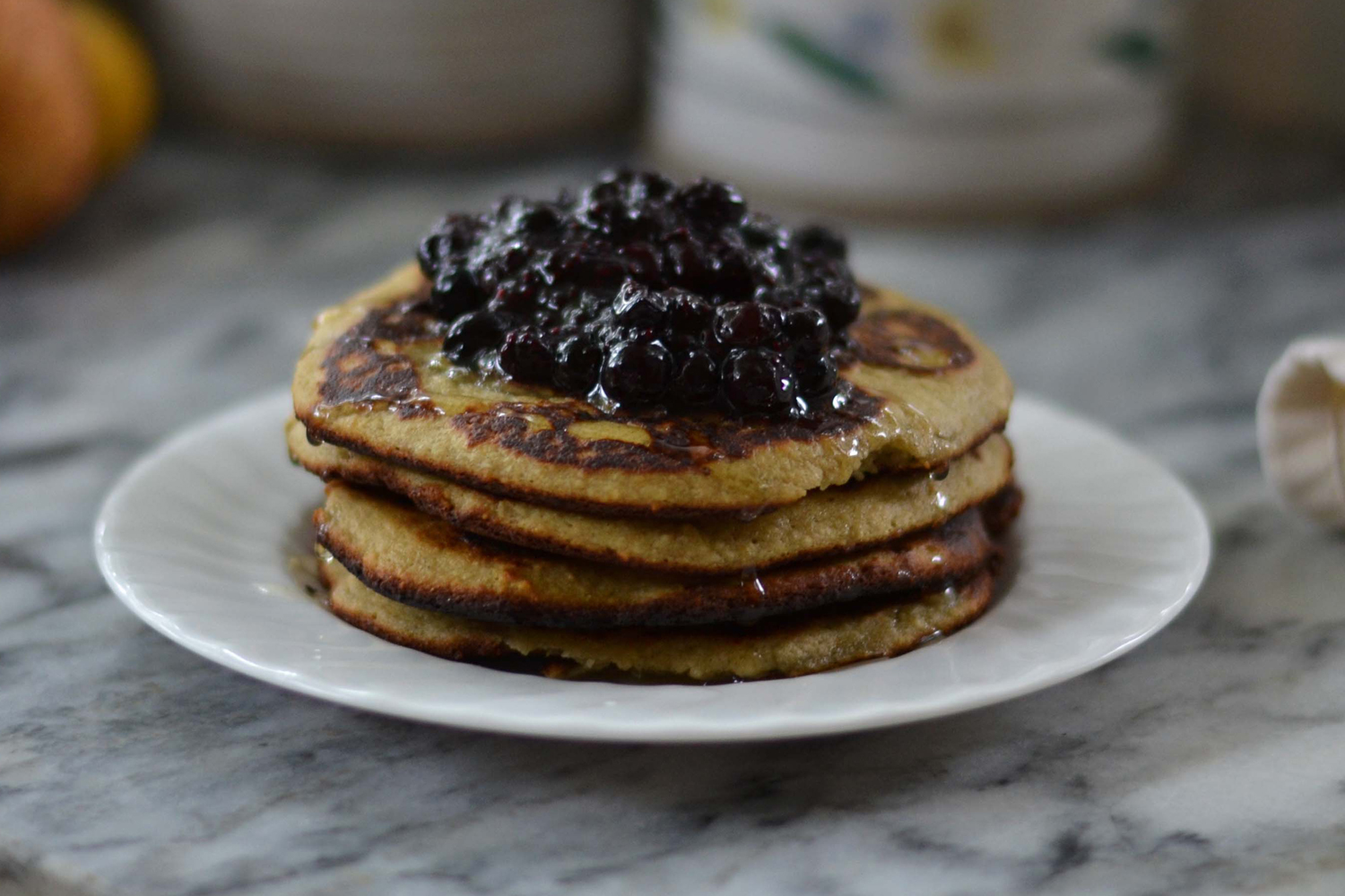Protein packed pancakes with blueberry topping